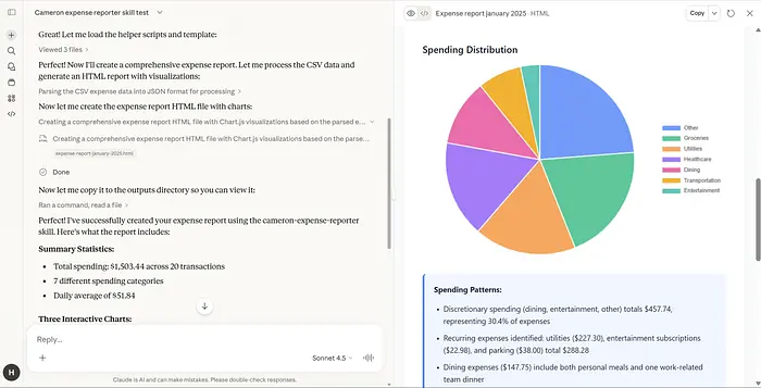 Claude 生成显示支出分布的饼图