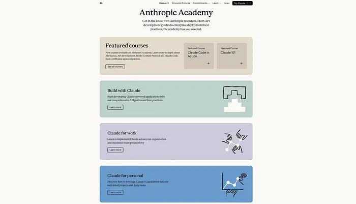 Anthropic学院主页的屏幕截图，显示特色课程和"使用Claude构建"、"Claude工作"和"Claude个人"等部分。