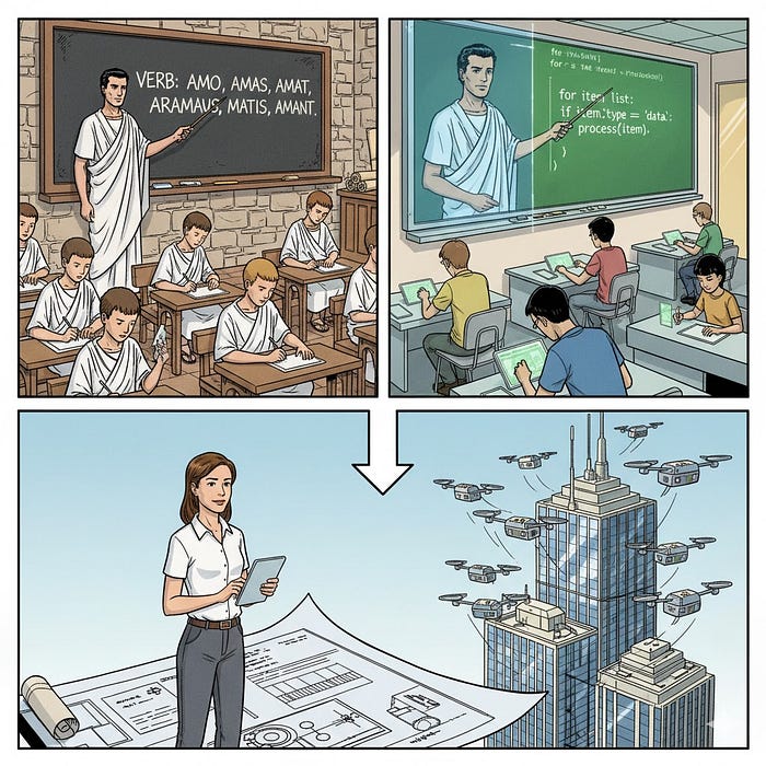 三联画比较拉丁语课堂、编程课堂和 AI 编排架构师