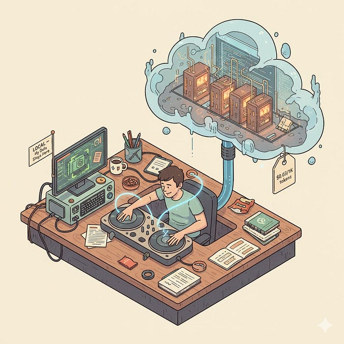 混合 AI 设置的等轴测视图,包括本地 GPU 和云 API