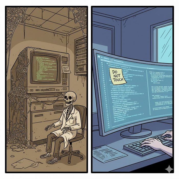 对比未记录的遗留 COBOL 代码与 AI 生成代码的分割面板