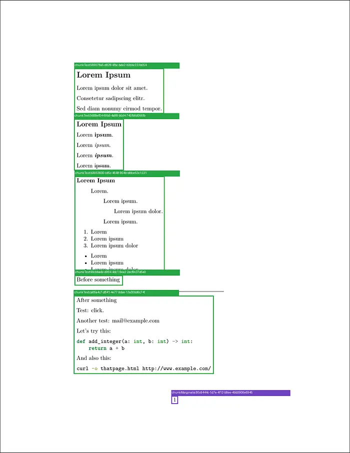 The first page of the benchmark PDF document. Color-coded bounding boxes from the layout analysis show all regions of interest. Each region is a chunk that contains the Markdown output.