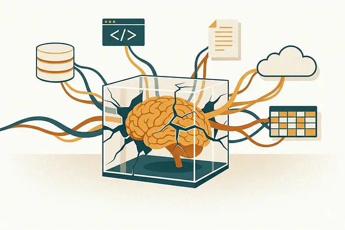 Illustration of a brain breaking out of a glass box and connecting to databases, code and documents.