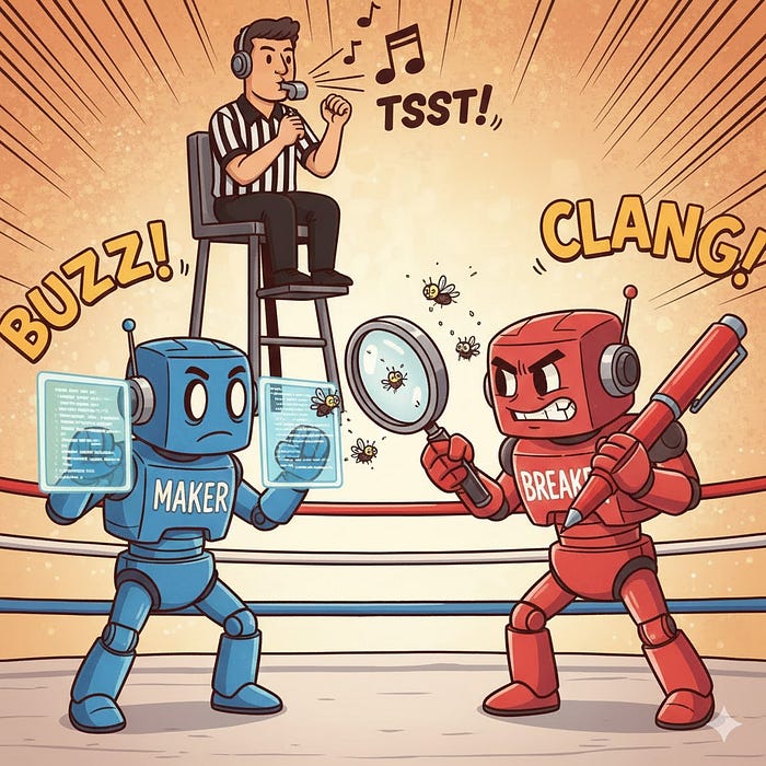 两个 AI 机器人——制造者和破坏者——在代码审查拳击擂台上对峙