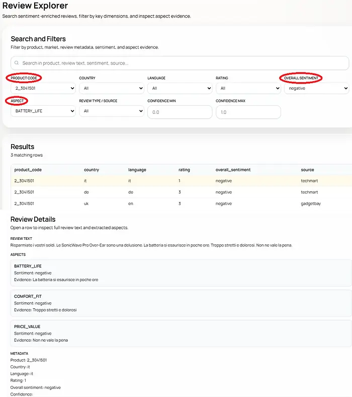 评论/情感数据的行视图。选定的过滤器：产品代码、整体情感和方面。选中行的评论详情（部分视图）显示在"评论详情"中（作者图片）