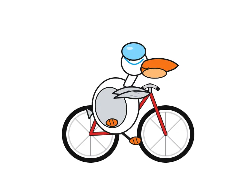 好多了。明显是鹈鹕。自行车形状正确。鹈鹕戴着蓝色自行车头盔（尽管渲染得不好）。做得不错。