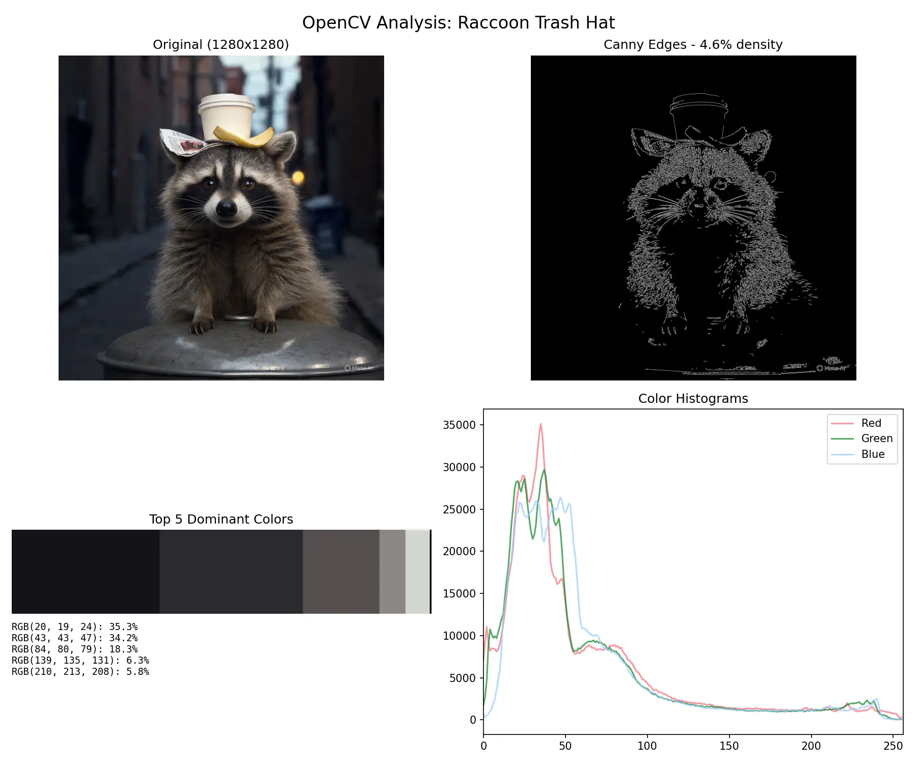 OpenCV图像分析仪表板，标题为"OpenCV Analysis: Raccoon Trash Hat"，包含四个面板：左上角显示原始1280x1280的照片，一只浣熊戴着垃圾盖帽子，顶部有咖啡杯和报纸，在小巷中；右上角显示Canny边缘检测版本，白色边缘在黑色背景上，标记为"Canny Edges - 4.6% density"；左下角显示"Top 5 Dominant Colors"作为色块，值为RGB(20, 19, 24): 35.3%、RGB(43, 43, 47): 34.2%、RGB(84, 80, 79): 18.3%、RGB(139, 135, 131): 6.3%、RGB(210, 213, 208): 5.8%；右下角显示"Color Histograms"折线图，红、绿、蓝通道绘制在x轴0-250和y轴0-35000上，在值25-50附近达到峰值。