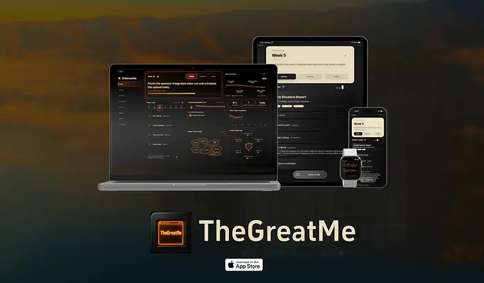 一张 TheGreatMe 的主图展示了该应用在 MacBook、iPad、iPhone 和 Apple Watch 上运行,采用深琥珀色视觉风格和 App Store 下载徽章。