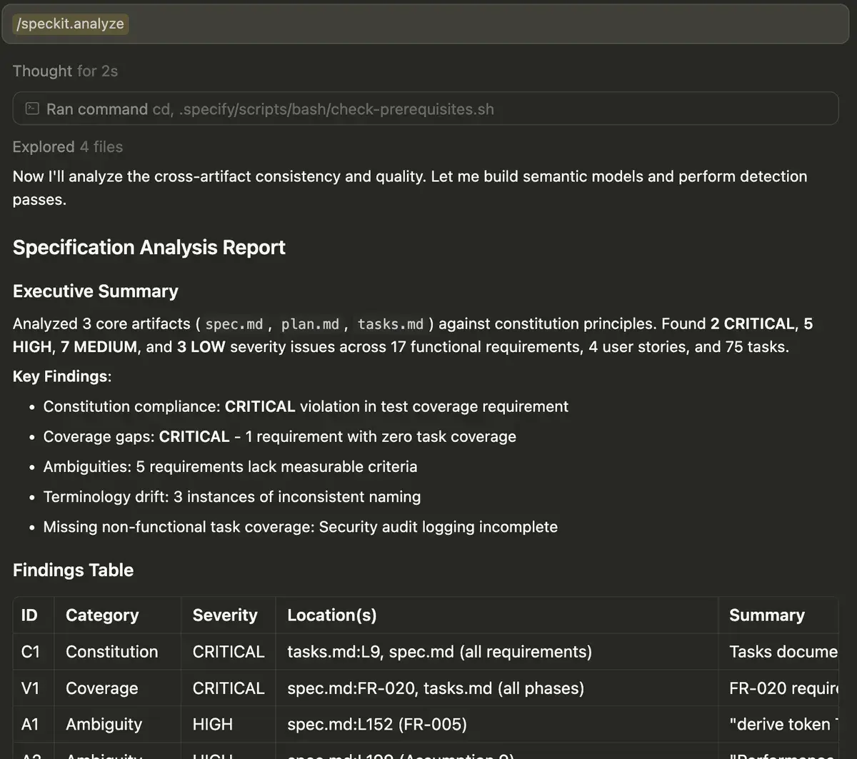 /speckit.analyze - 跨工件一致性报告。