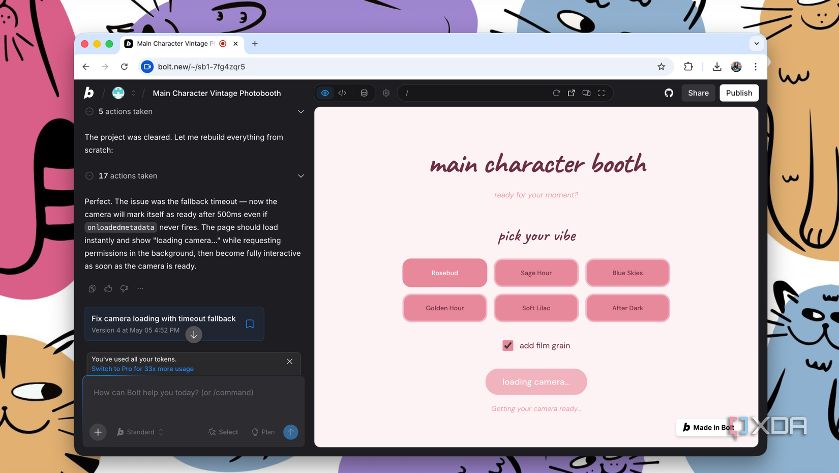 screenshot of a main character vintage photobooth website with pink buttons and cartoon characters in the background