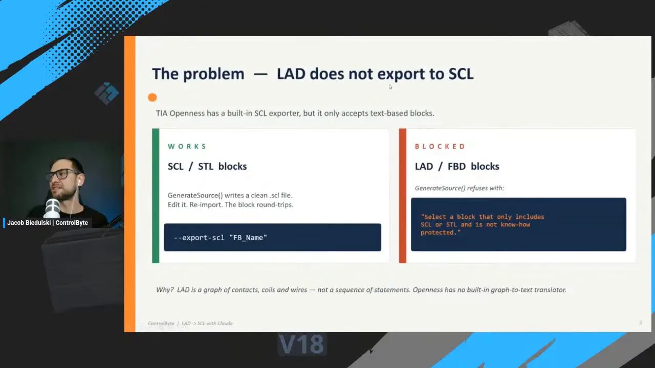 显示 TIA Openness 可以导出 SCL 和 STL 块但阻止 LAD 到 SCL 导出的问题幻灯片
