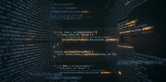 A wide, cinematic shot of a bright, open environment where the code is fully readable and unguarded. Multiple warm points of light and amber tones are integrated throughout the code, suggesting a room lit from within by many people — an open, collaborative, and warm space.