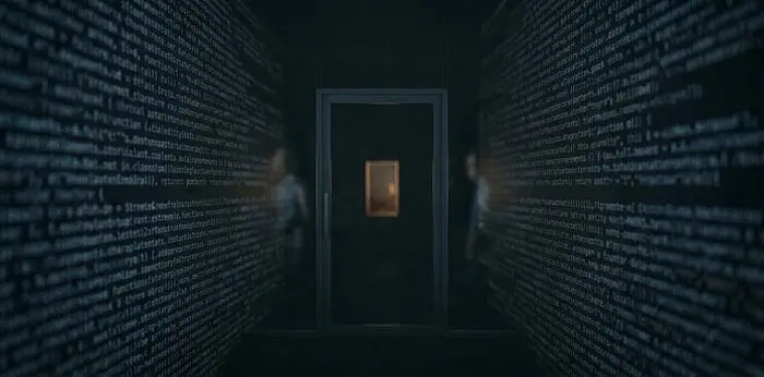 A 2:1 landscape shot of a glass partition or closed door viewed from the outside. Behind the glass, a dense, blurred wall of cold blue code glows faintly. Subtle, indistinct reflections suggest figures standing outside, looking in at the exclusionary, dark environment.