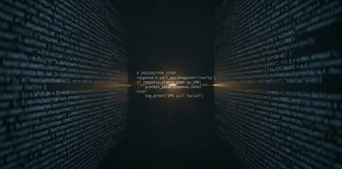 A wide shot of the code-wall environment where a small central section has snapped into sharp, readable focus. A subtle crack or aperture of warm, inviting light spreads from this point of clarity, contrasting with the blurred, illegible code surrounding it.
