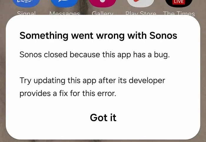 Sonos应用崩溃