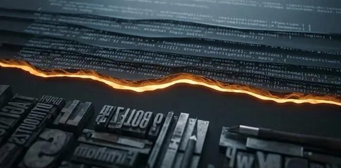 A cinematic, wide shot showing layers of code arranged like geological strata or antique print galleys. Older, letterpress-style type is at the bottom, shifting into newer, digital code above. A faint, warm amber glow illuminates the seam where the layers meet.