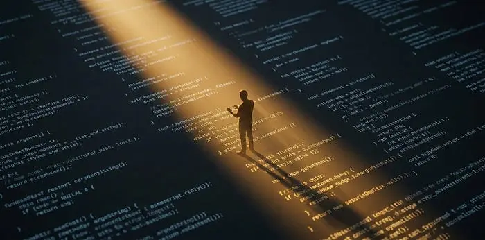 A wide shot of fully legible code filling the background. A single, warm shaft of amber light in the shape of a human silhouette or open hand cuts across the cold blue substrate, representing the human element interacting with the digital code.