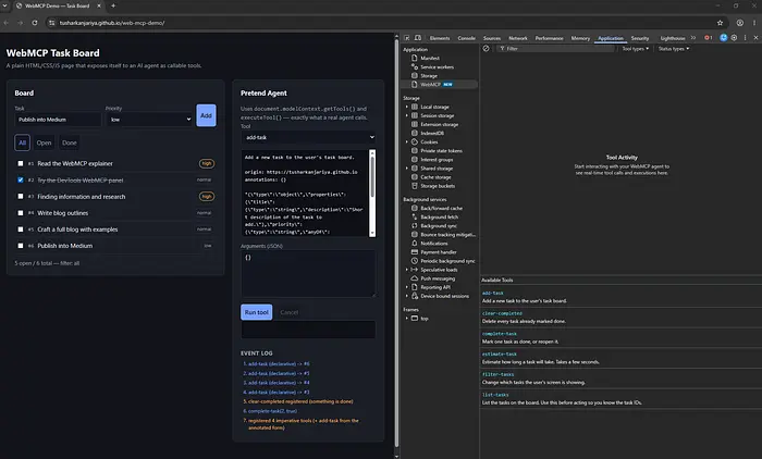 WebMCP 任务看板，DevTools Application → WebMCP 面板打开，显示六个可用工具