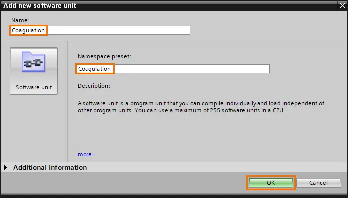 图 1.7 - 西门子 TIA Portal 软件单元 | 为第一个单元指定名称和命名空间