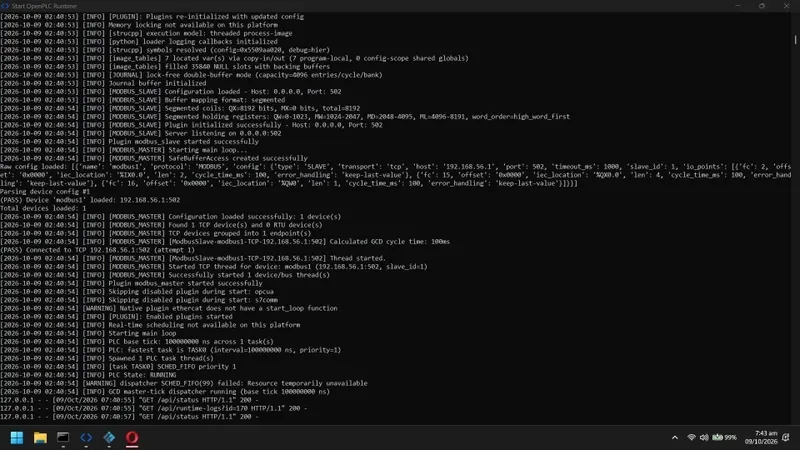 OpenPLC Runtime 控制台:从站监听 0.0.0.0:502,主站连上模拟器,PLC 处于 RUNNING