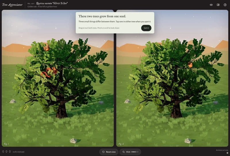 Tree Appreciator：两棵算法生成的树，玩法是欣赏它们的差异