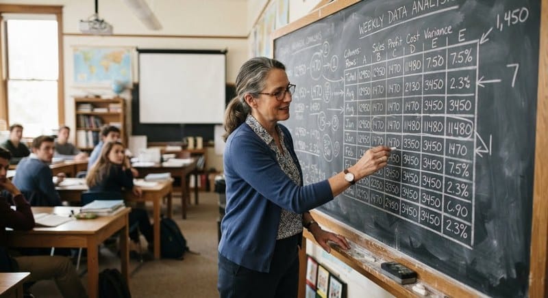 AI 生成的示意图:老师在黑板上重算一格格数字