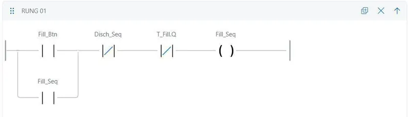 Rung 01:Fill_Btn 与 Fill_Seq 并联自锁,串 Disch_Seq 与 T_Fill.Q 的常闭触点,驱动 Fill_Seq