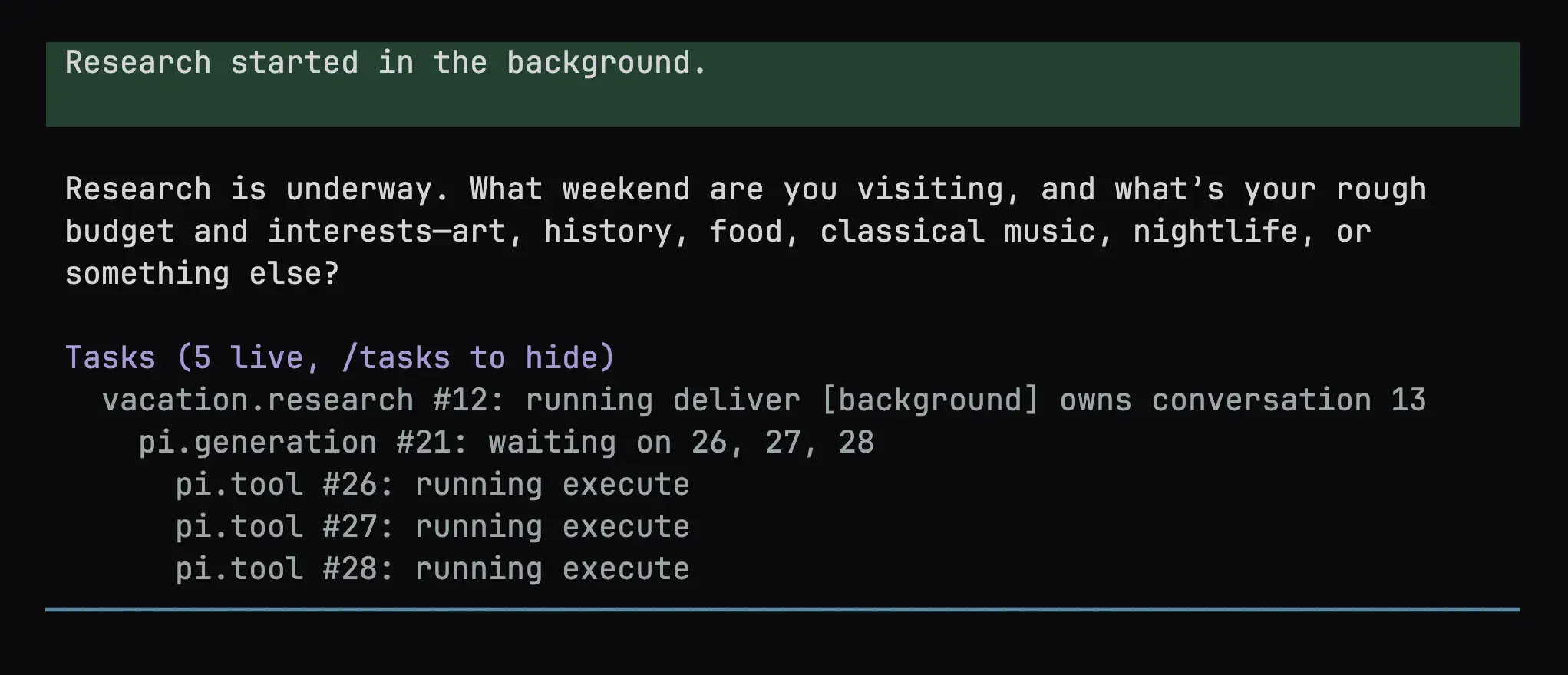 A terminal UI with a task tree: vacation.research #12 running in the background and owning conversation 13, pi.generation #21 waiting on 26, 27 and 28, and three pi.tool tasks all running execute